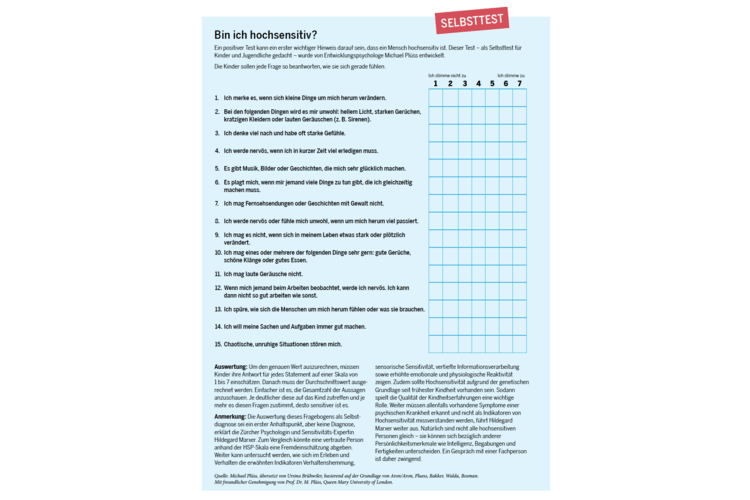 Sono altamente sensibile? Un test positivo può essere un primo importante indicatore del fatto che una persona è altamente sensibile. Questo test, concepito come autotest per bambini e ragazzi, è stato sviluppato dallo psicologo dello sviluppo Michael Plüss. Ai bambini viene chiesto di rispondere a ogni domanda come si sentono in quel momento. Scarica l'autotest in formato PDF.