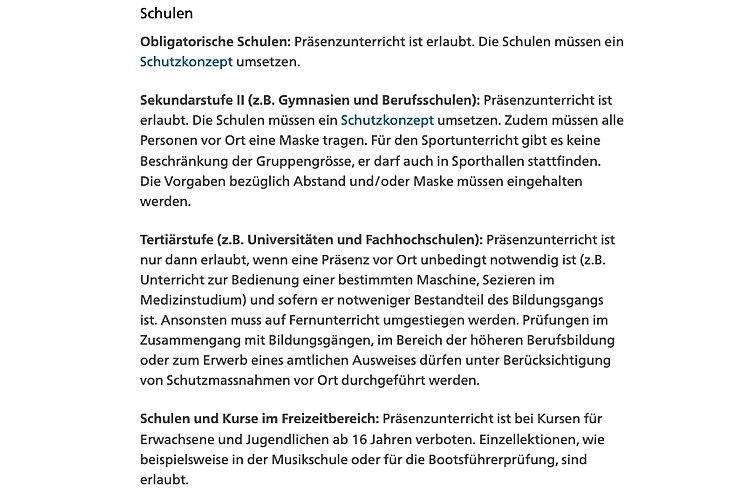 So ist der aktuelle Stand am 18. Januar in Bezug auf Schulen in der Schweiz. (Quelle: www.bag.ch)