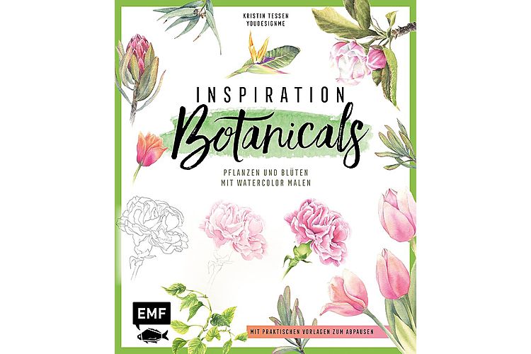 Die Kinder basteln nach freier Fantasie, ich versuche mich mit Wasserfarben und Pflanzenbildern – passend zu den Leimlandschaften, siehe nächstes Bild. Inspiration Botanicals mit Vorlagen (für Bastlerinnen mit weniger Fantasie)