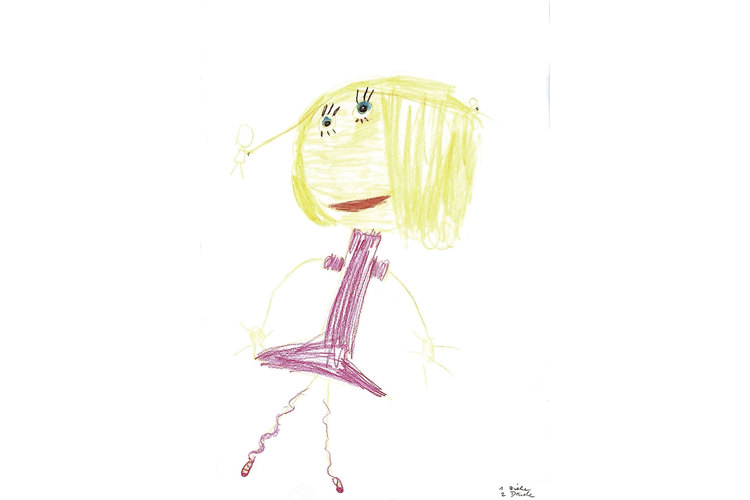 In einem Selbstporträt zeigt eine Achtjährige mit Hilfe eines Tuchs auf ihrem Kopf ihre Spannungskopfschmerzen.