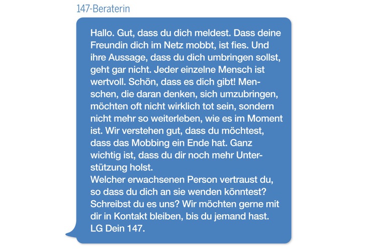 2/2 Hier beantwortet die 147-Beraterin die SMS einer Jugendlichen, die online gemobbt wird. Mehr zum Beratungs-Angebot, hier: www.147.ch