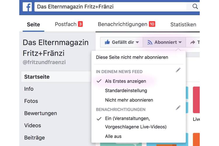 Am Desktop-Computer sieht das Menü so aus. Wählen Sie auf unserer Facebook-Seite im Menü «Abonniert» die Punkte «In deinem Newsfeed als Erstes anzeigen» und Benachrichtigungen «Ein» - schon fertig! Jetzt verpassen Sie keinen unserer Posts mehr.