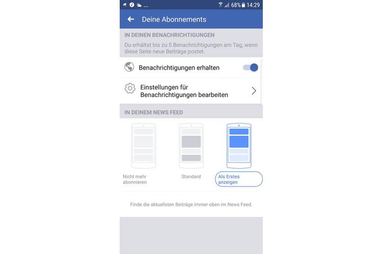 Am Smartphone sieht das Menü so aus, wenn sie auf unserer Facebook-Seite im Menü  den Punkt «Abonniert» anwählen. Dann schalten Sie die Benachrichtigungen mit dem Schieber an und wählen «In deinem Newsfeed als Erstes anzeigen» - schon fertig! Jetzt verpassen Sie keinen unserer Posts mehr.