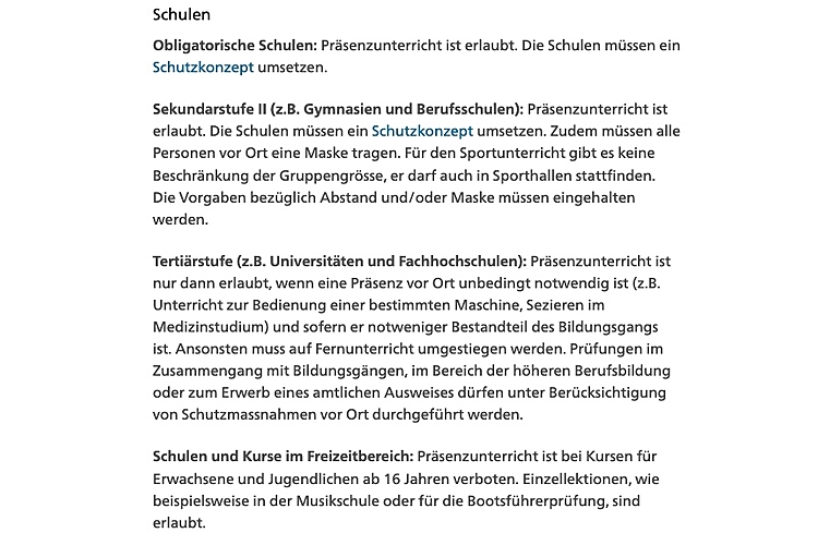 So ist der aktuelle Stand am 18. Januar in Bezug auf Schulen in der Schweiz. (Quelle: www.bag.ch)